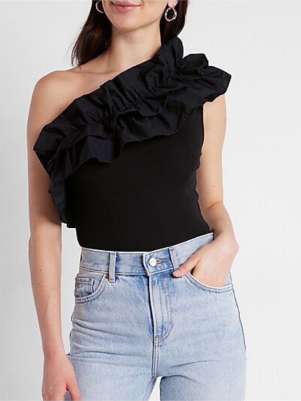 Express Black One-Shoulder Poplin Ruffle Ribbed Bodysuit S